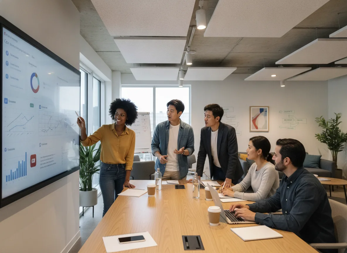 Cinco pessoas em reunião analisando gráficos de SEO em tela grande | Imagine Company - Agência de Marketing e Vendas em Goiânia - GO - BRASIL