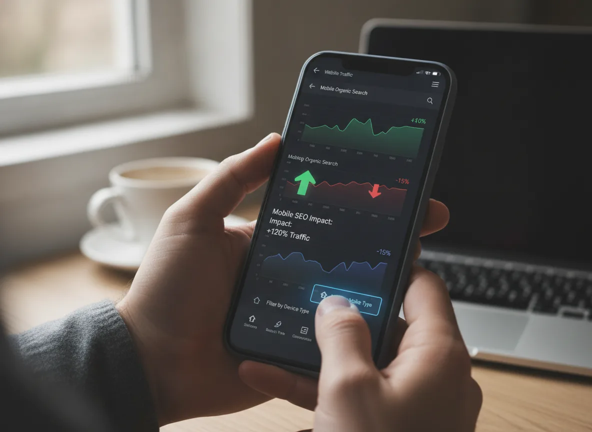 Pessoa segurando smartphone com gráficos de SEO mobile na tela | Imagine Company - Agência de Marketing e Vendas em Goiânia - GO - BRASIL