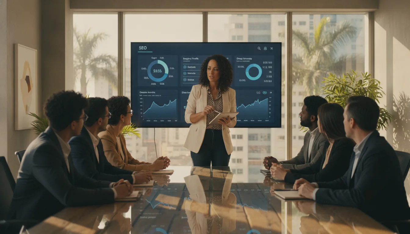 Pessoas em reunião discutindo gráficos de SEO em uma sala de conferência | Imagine Company - Agência de Marketing e Vendas em Goiânia - GO - BRASIL