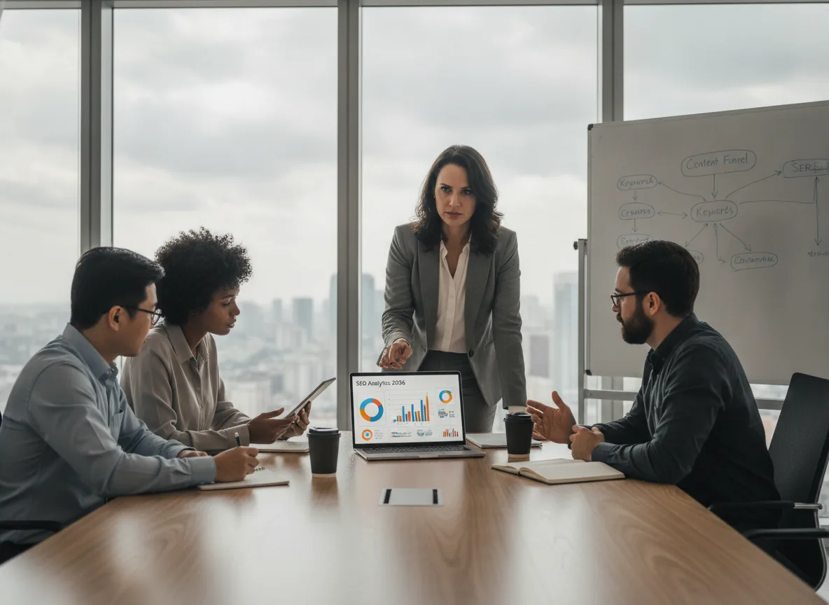 Profissionais em reunião analisando gráficos de SEO em laptop | Imagine Company - Agência de Marketing e Vendas em Goiânia - GO - BRASIL