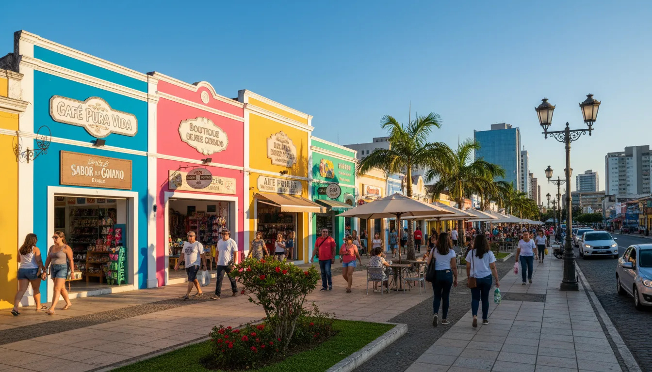 Rua com lojas coloridas e pessoas caminhando em Goiânia | Imagine Company - Agência de Marketing e Vendas em Goiânia - GO - BRASIL