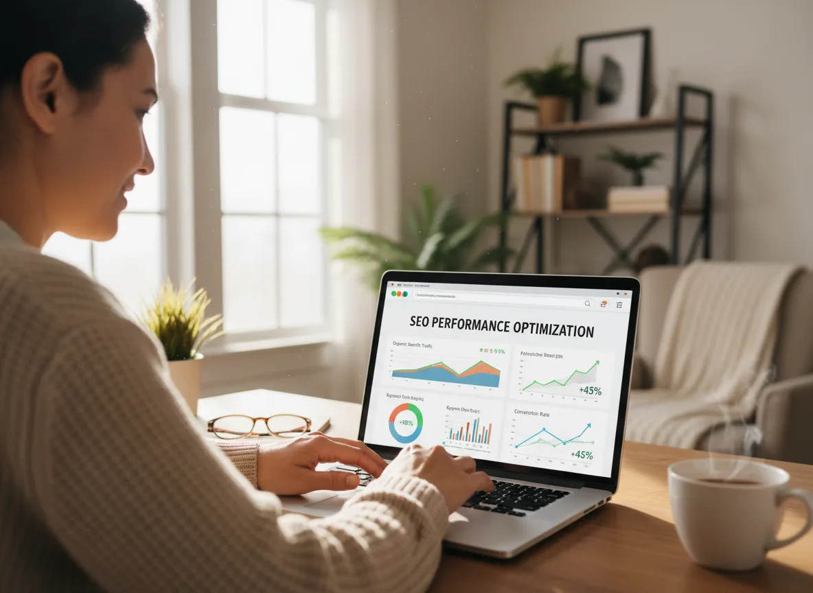 Mulher usando laptop com gráficos de SEO, dicas para negócios | Imagine Company - Agência de Marketing e Vendas em Goiânia - GO - BRASIL