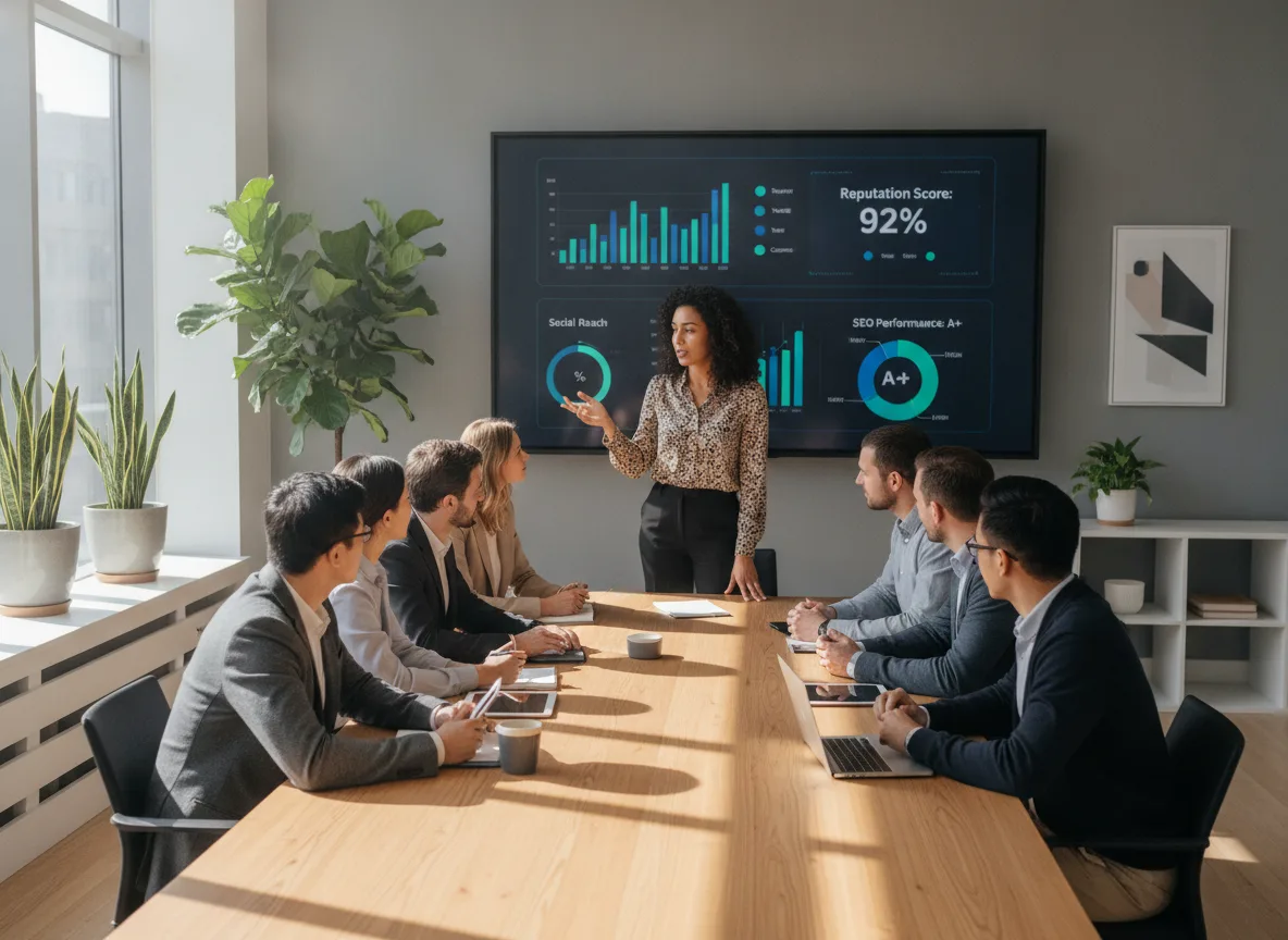 Profissional apresenta dados de SEO em reunião com equipe | Imagine Company - Agência de Marketing e Vendas em Goiânia - GO - BRASIL