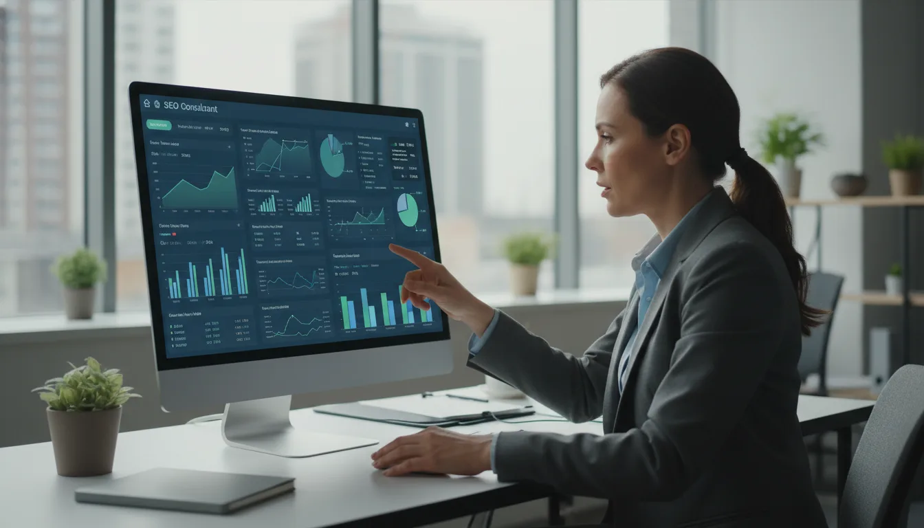 Mulher em escritório analisando gráficos de SEO em um monitor | Imagine Company - Agência de Marketing e Vendas em Goiânia - GO - BRASIL