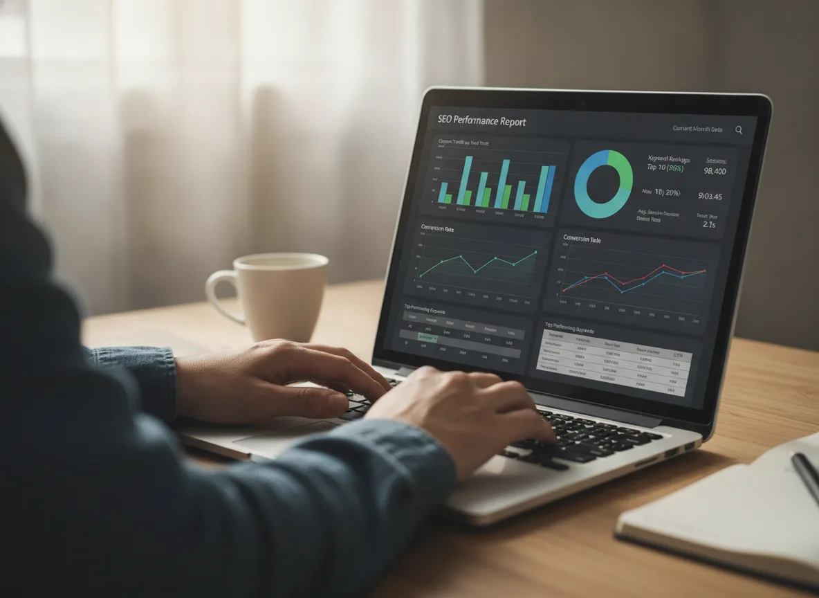 Pessoa usando laptop com gráficos de desempenho SEO na tela | Imagine Company - Agência de Marketing e Vendas em Goiânia - GO - BRASIL