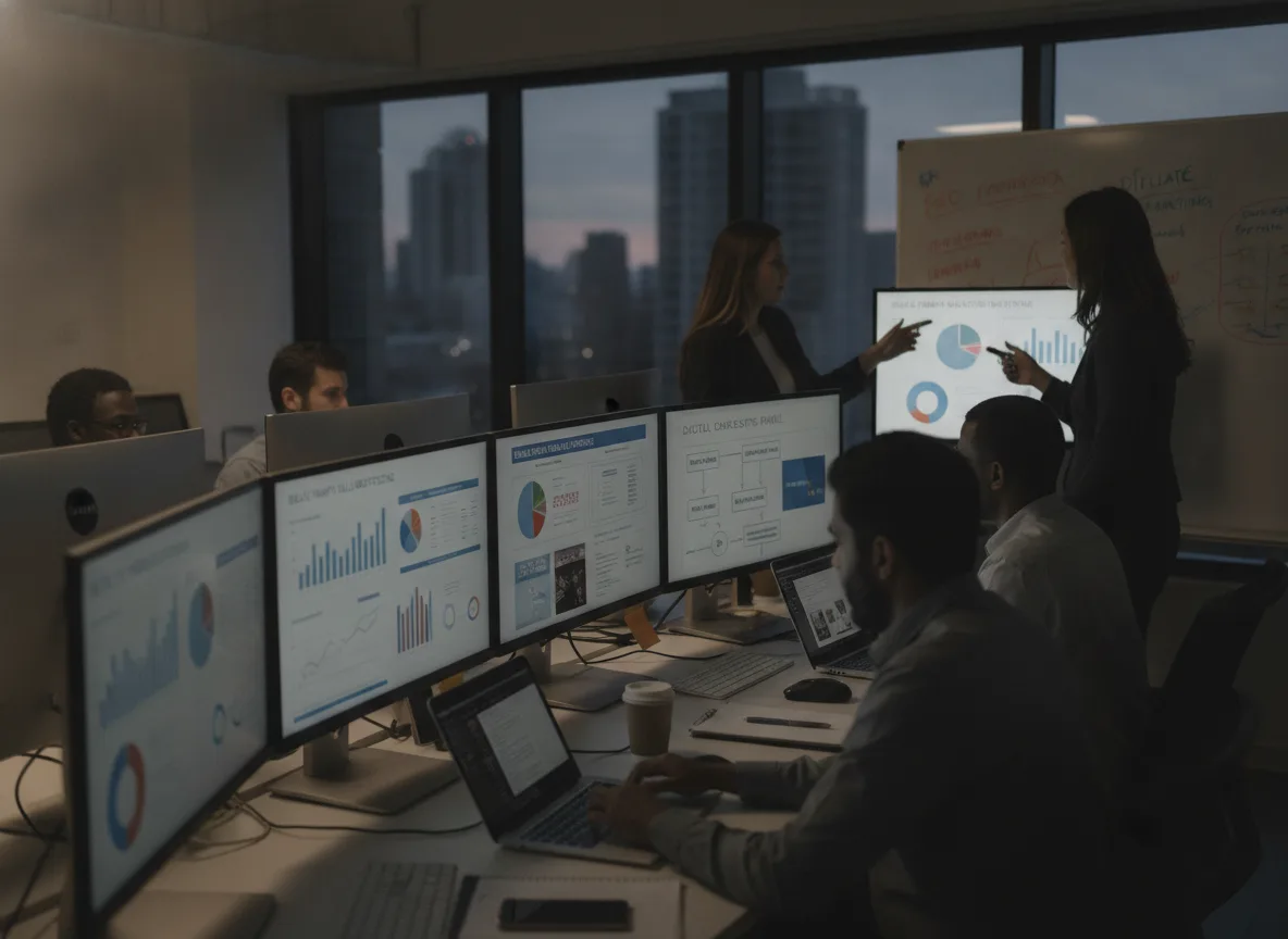 Profissionais analisando gráficos em computadores em um escritório | Imagine Company - Agência de Marketing e Vendas em Goiânia - GO - BRASIL
