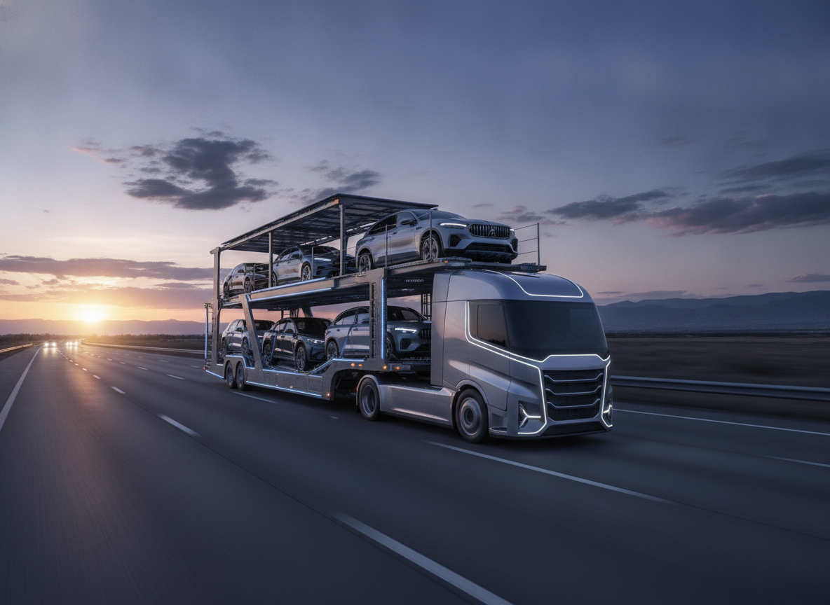 Caminhão cegonheiro transportando carros em rodovia ao pôr do sol | Imagine Company - Agência de Marketing e Vendas em Goiânia - GO - BRASIL