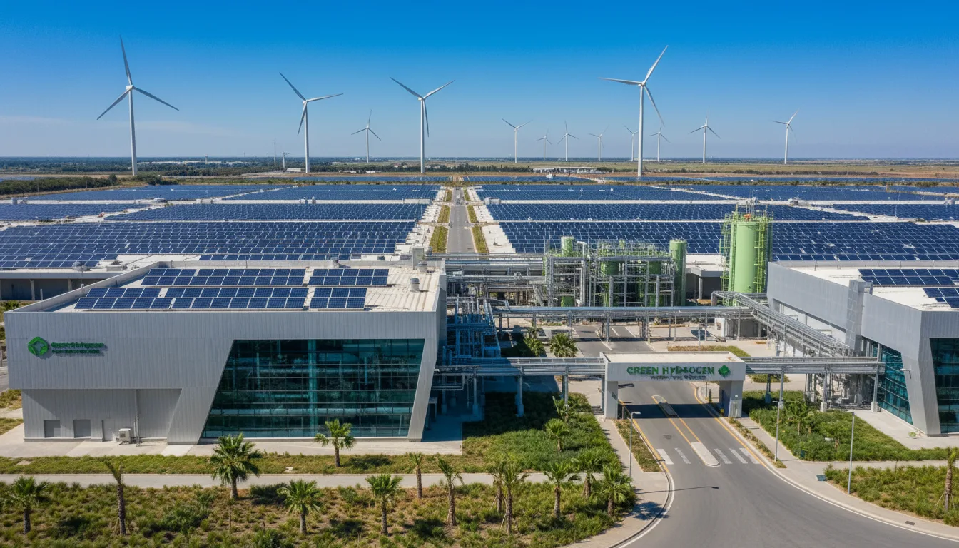 Usina de hidrogênio verde com painéis solares e turbinas eólicas ao fundo | Imagine Company - Agência de Marketing e Vendas em Goiânia - GO - BRASIL