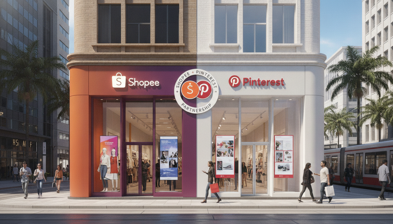 Fachada de lojas Shopee e Pinterest lado a lado em rua movimentada | Imagine Company - Agência de Marketing e Vendas em Goiânia - GO - BRASIL