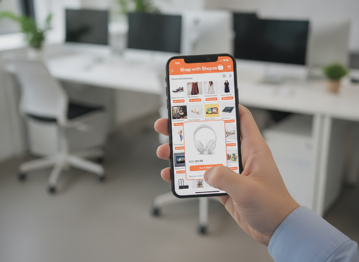 Pessoa usando app Shopee em smartphone em escritório moderno | Imagine Company - Agência de Marketing e Vendas em Goiânia - GO - BRASIL