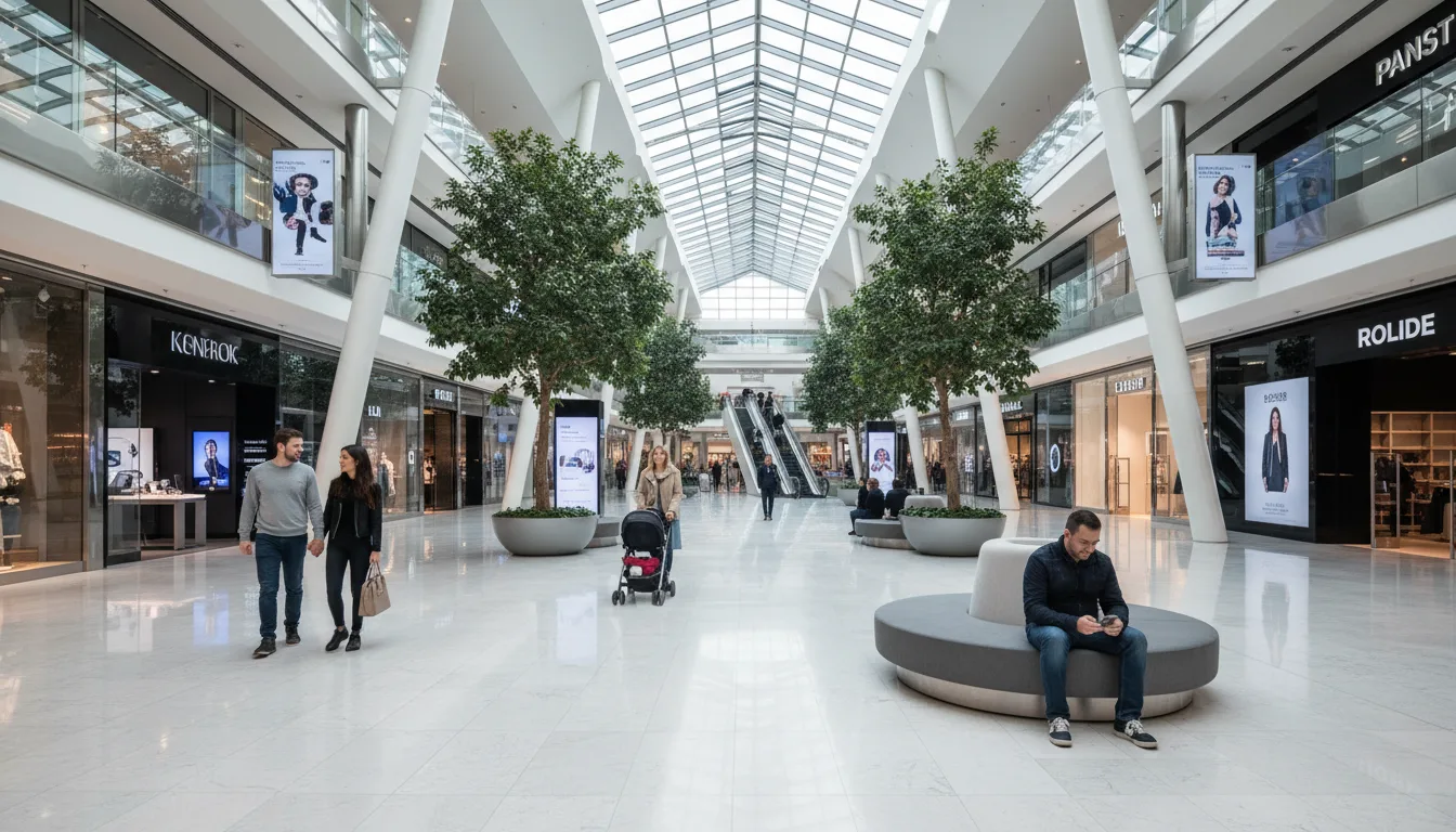 Interior de shopping moderno com poucas pessoas caminhando | Imagine Company - Agência de Marketing e Vendas em Goiânia - GO - BRASIL