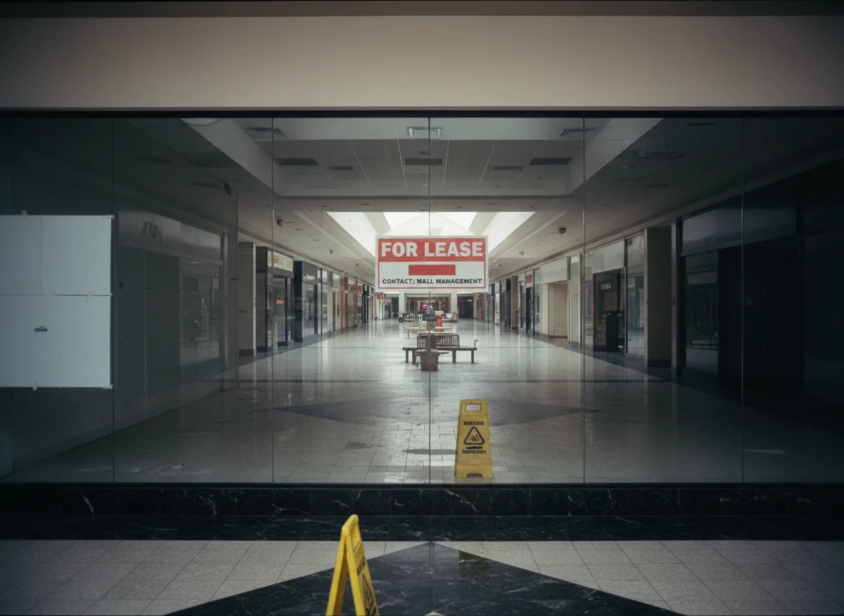 Shopping vazio com placa de 'For Lease' e piso molhado sinalizado | Imagine Company - Agência de Marketing e Vendas em Goiânia - GO - BRASIL