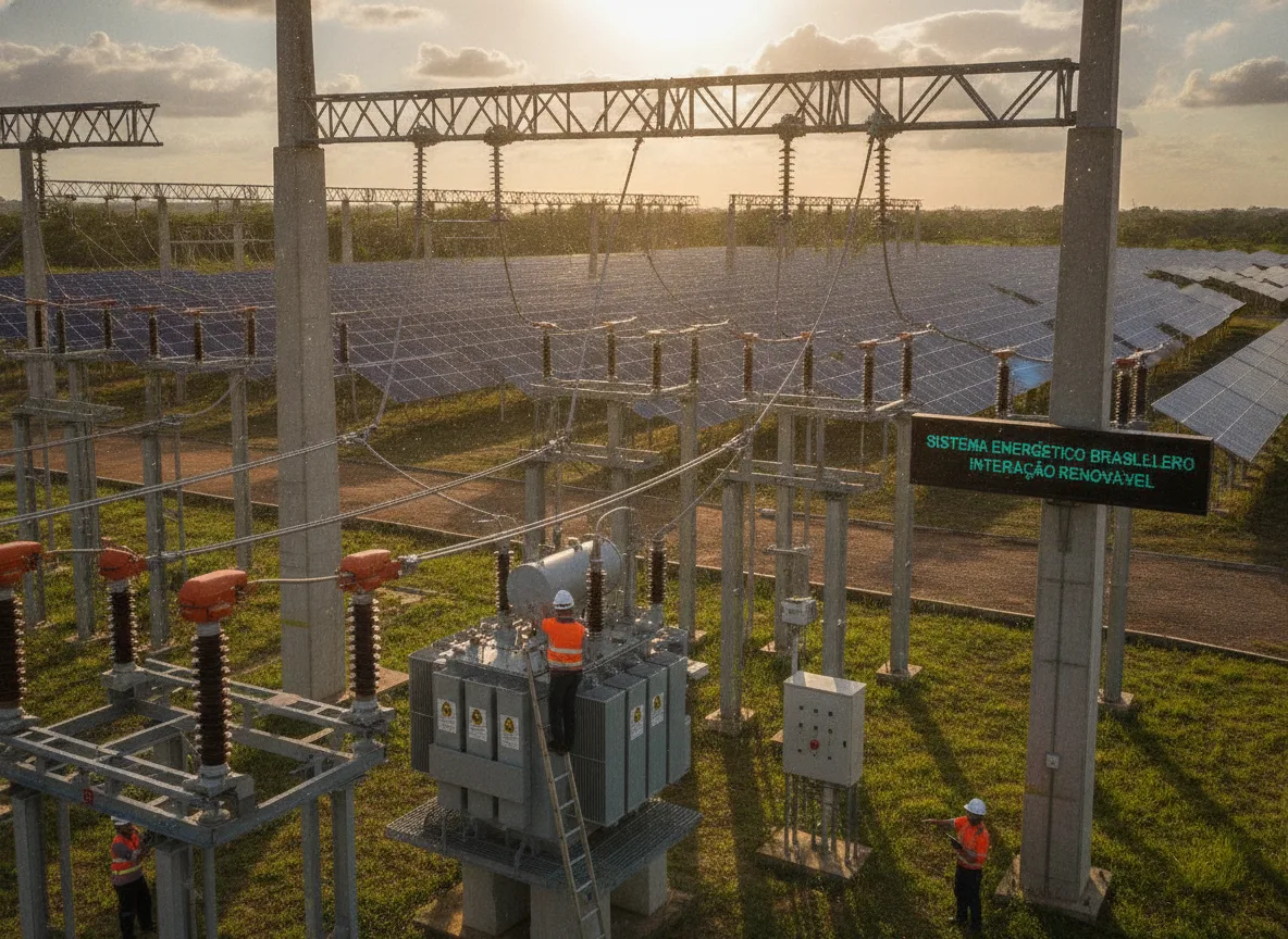 Usina solar com painéis e infraestrutura elétrica ao pôr do sol | Imagine Company - Agência de Marketing e Vendas em Goiânia - GO - BRASIL