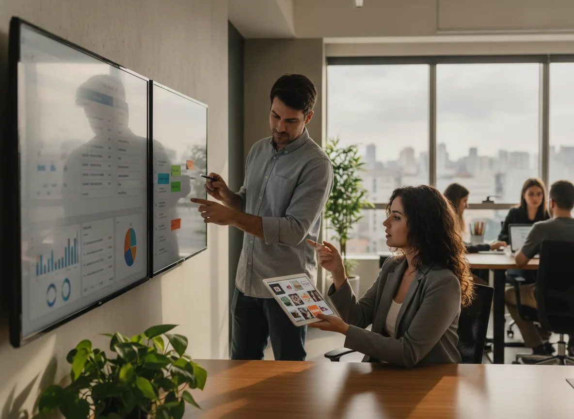 Duas pessoas discutindo gráficos em telas em um escritório moderno | Imagine Company - Agência de Marketing e Vendas em Goiânia - GO - BRASIL