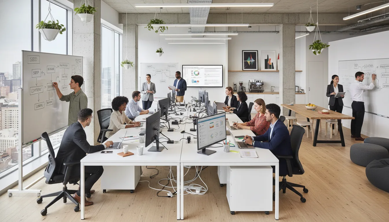 Equipe de marketing em reunião sobre SEO em escritório moderno | Imagine Company - Agência de Marketing e Vendas em Goiânia - GO - BRASIL