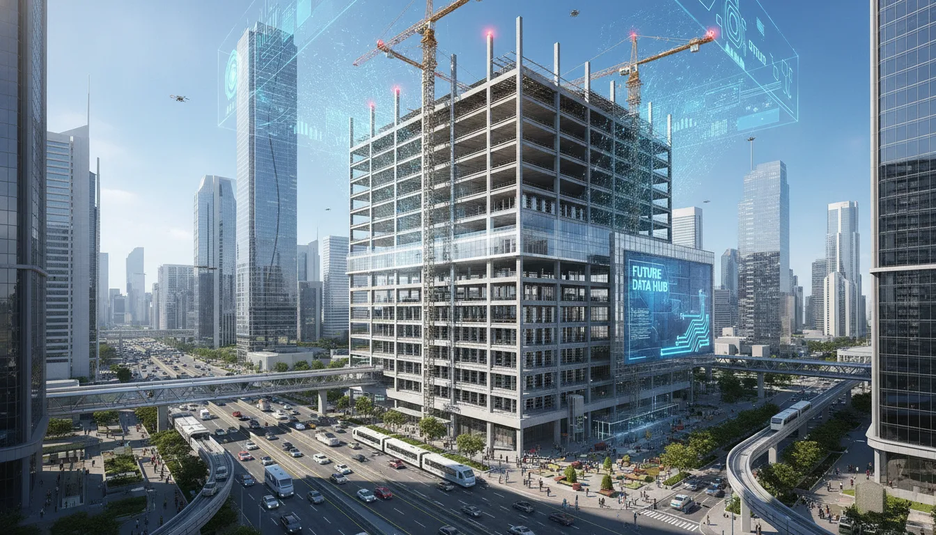 Construção de arranha-céu moderno com gruas, destacando data centers. | Imagine Company - Agência de Marketing e Vendas em Goiânia - GO - BRASIL