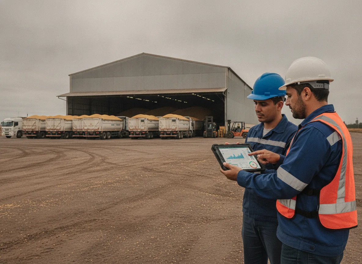 Dois homens com capacetes analisam dados em tablet em frente a armazém de soja. | Imagine Company - Agência de Marketing e Vendas em Goiânia - GO - BRASIL