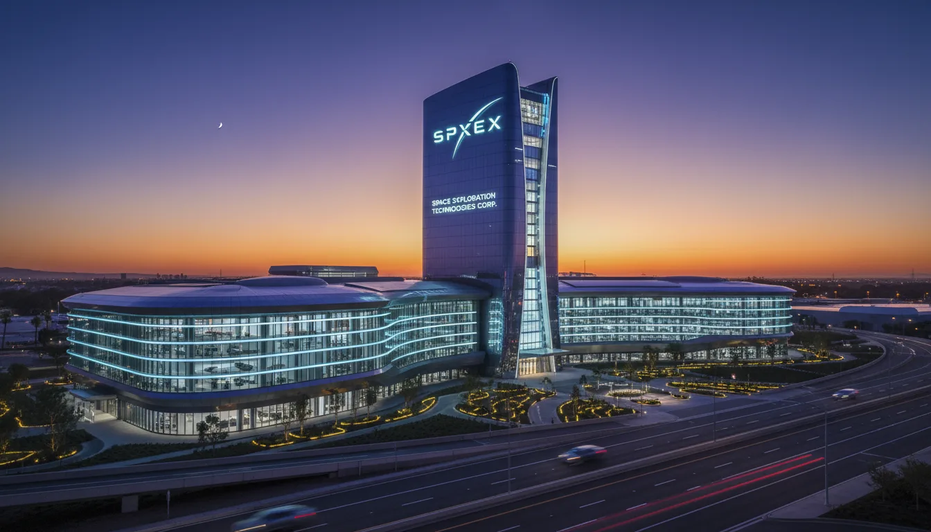 Prédio da SpaceX iluminado ao entardecer, anúncio de compra do Editor Cursor | Imagine Company - Agência de Marketing e Vendas em Goiânia - GO - BRASIL