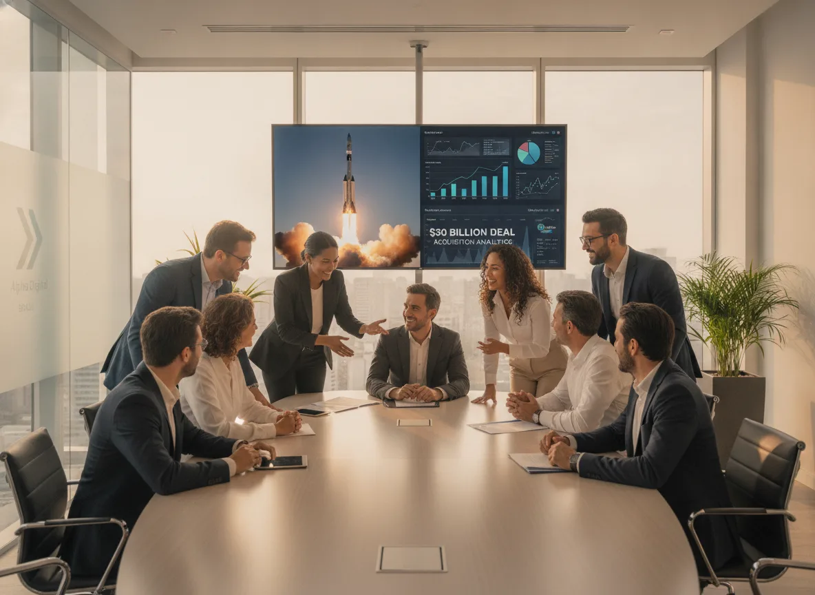 Reunião de executivos sobre acordo SpaceX e Google com gráfico de foguete ao fundo | Imagine Company - Agência de Marketing e Vendas em Goiânia - GO - BRASIL