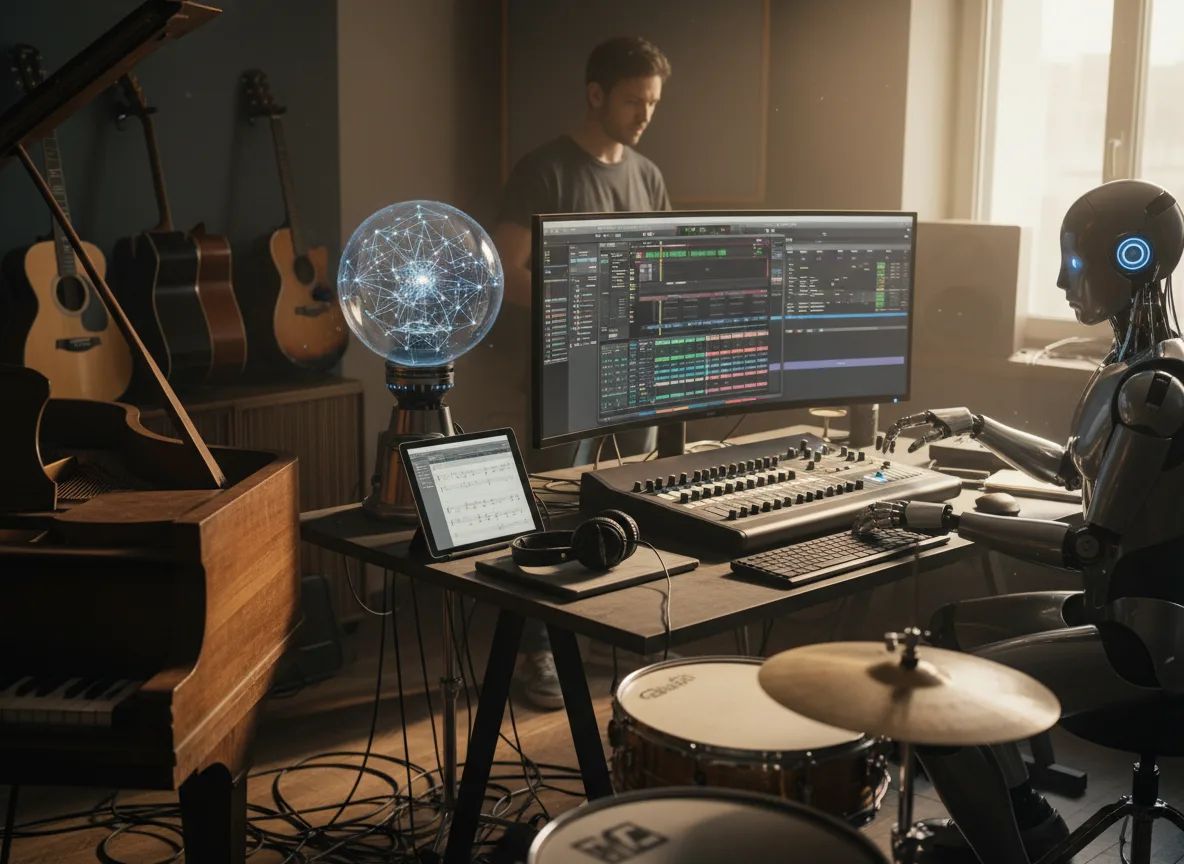 Robô em estúdio de música usando IA para produção musical | Imagine Company - Agência de Marketing e Vendas em Goiânia - GO - BRASIL