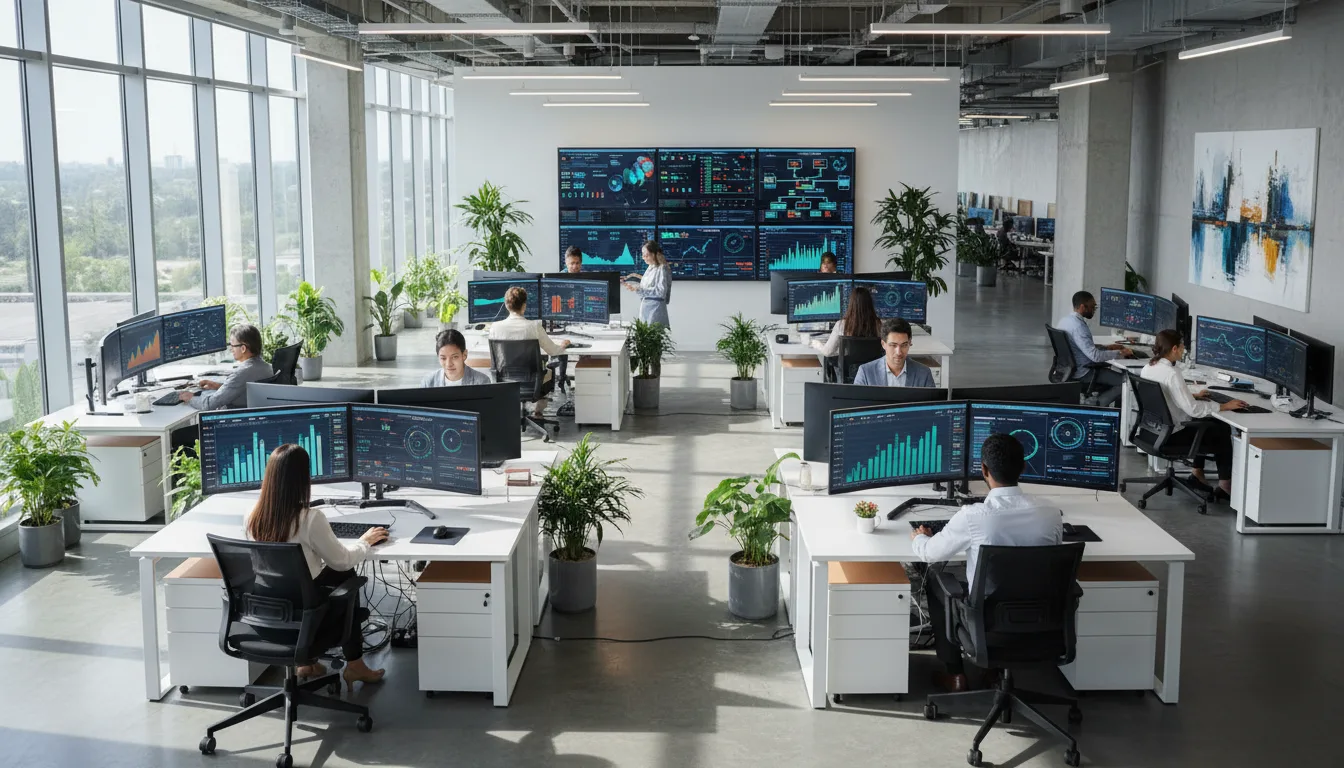 Escritório moderno com equipe analisando dados fiscais em múltiplas telas | Imagine Company - Agência de Marketing e Vendas em Goiânia - GO - BRASIL