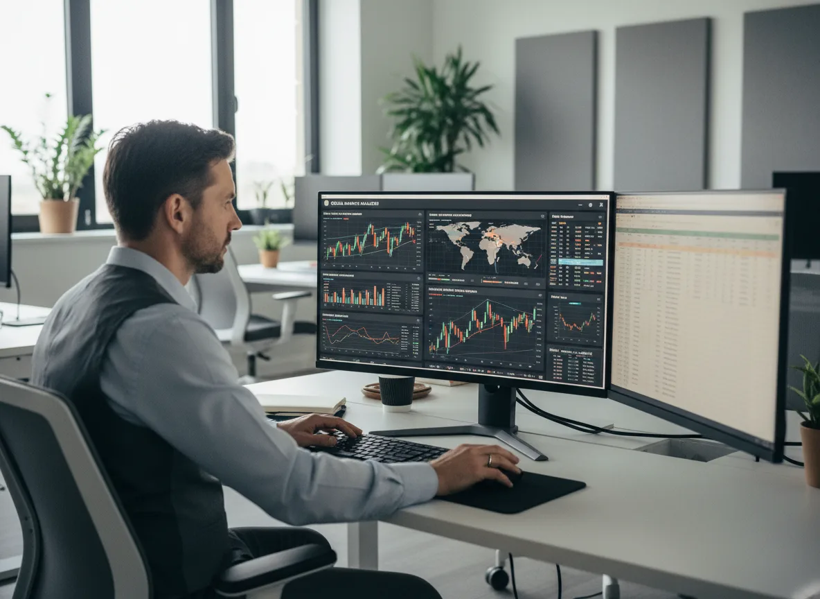 Homem em escritório analisa gráficos financeiros em dois monitores. | Imagine Company - Agência de Marketing e Vendas em Goiânia - GO - BRASIL