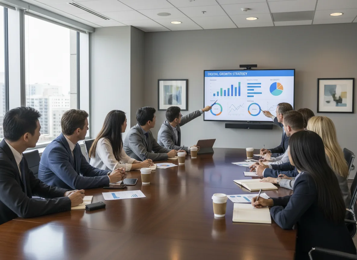 Executivos em reunião analisando gráficos de crescimento digital em tela | Imagine Company - Agência de Marketing e Vendas em Goiânia - GO - BRASIL