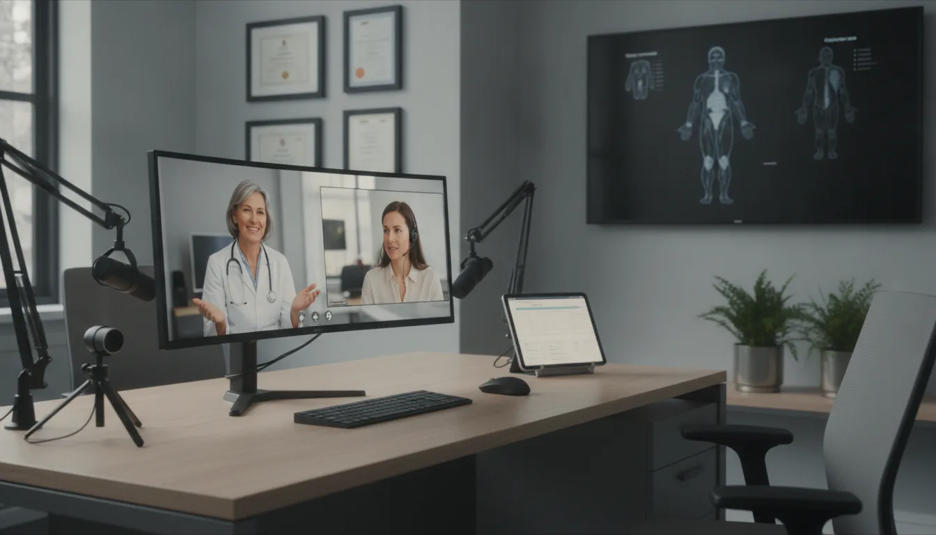 Consultório moderno com videoconferência médica, destacando telemedicina. | Imagine Company - Agência de Marketing e Vendas em Goiânia - GO - BRASIL