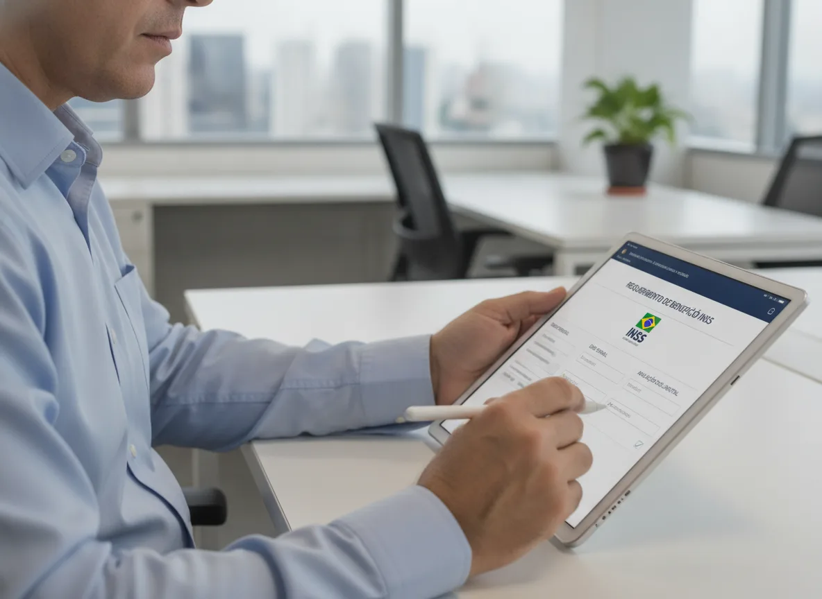 Homem em escritório utilizando tablet para acessar perícia INSS | Imagine Company - Agência de Marketing e Vendas em Goiânia - GO - BRASIL