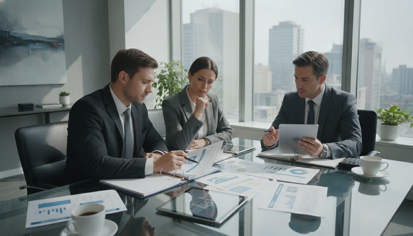Três executivos discutem documentos financeiros em uma sala de reunião moderna | Imagine Company - Agência de Marketing e Vendas em Goiânia - GO - BRASIL