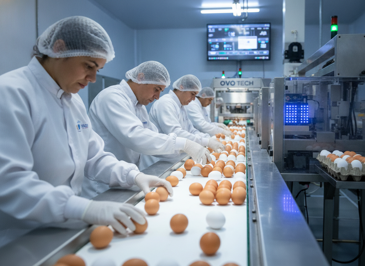 Funcionários em fábrica de ovos no Sul de Minas organizando ovos em linha de produção | Imagine Company - Agência de Marketing e Vendas em Goiânia - GO - BRASIL
