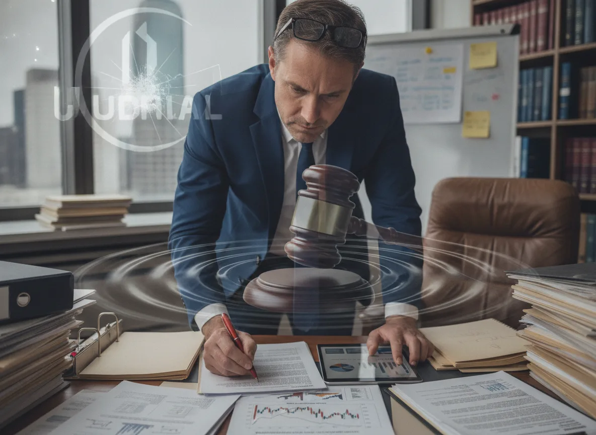 Advogado em escritório com martelo de juiz e documentos legais | Imagine Company - Agência de Marketing e Vendas em Goiânia - GO - BRASIL