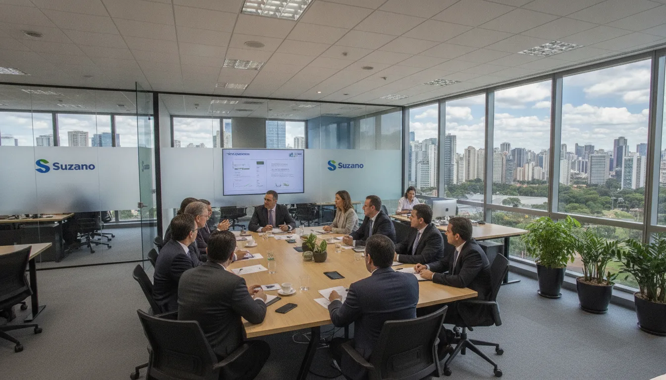 Executivos da Suzano em reunião sobre mudanças de liderança na sede. | Imagine Company - Agência de Marketing e Vendas em Goiânia - GO - BRASIL