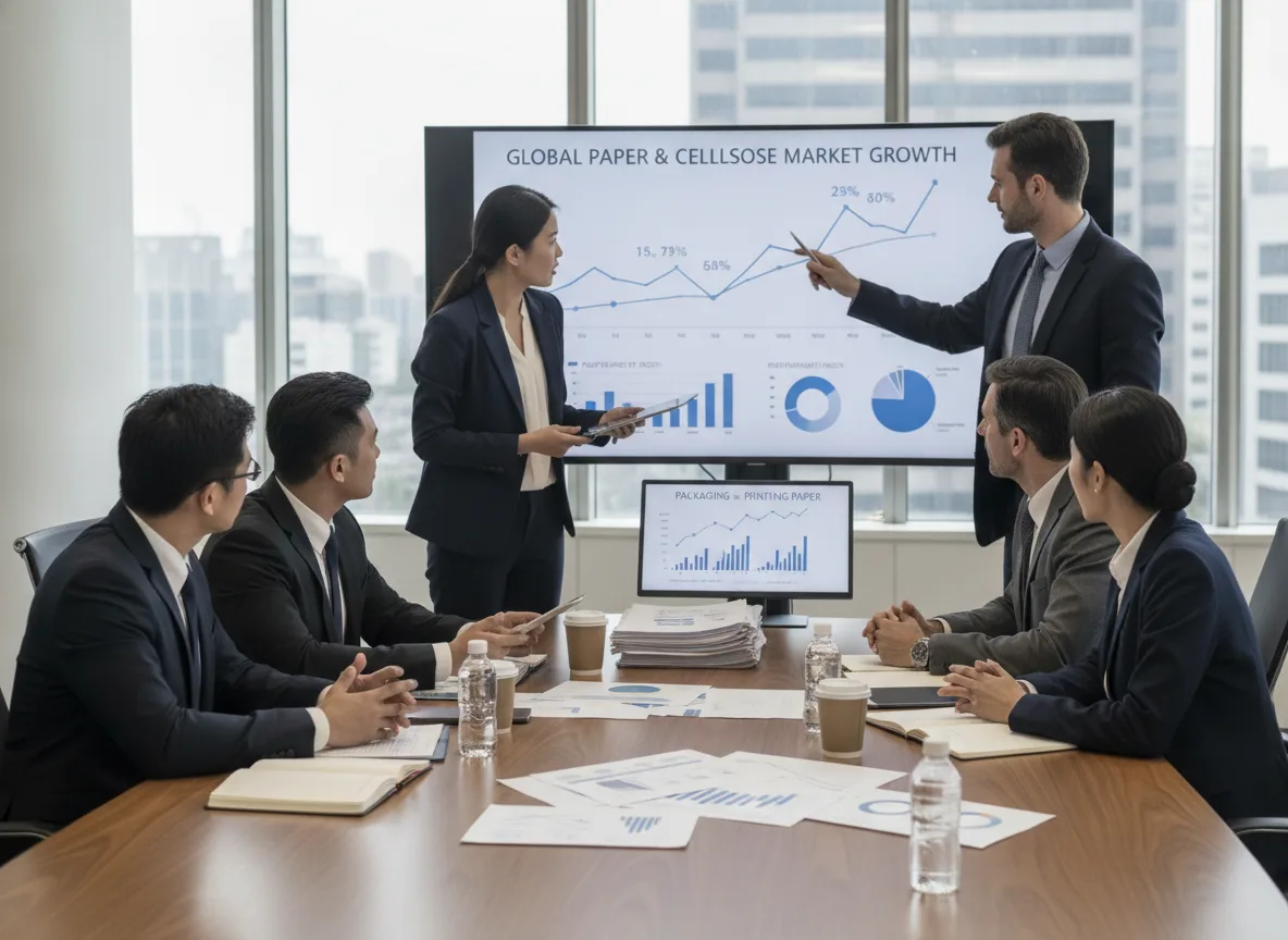 Executivos em reunião analisando gráficos de crescimento de mercado em uma sala de conferências | Imagine Company - Agência de Marketing e Vendas em Goiânia - GO - BRASIL