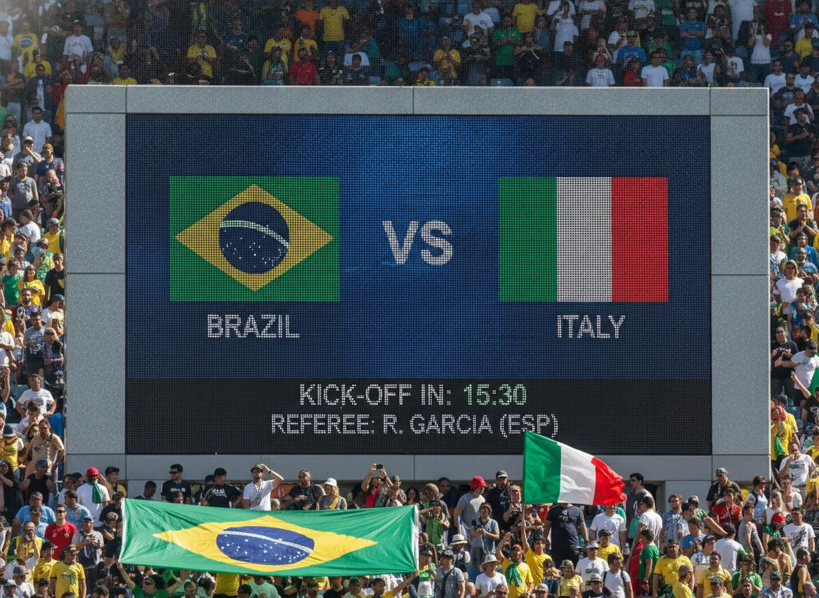 Placar eletrônico com bandeiras do Brasil e Itália, indicando jogo da Copa do Mundo 2026. | Imagine Company - Agência de Marketing e Vendas em Goiânia - GO - BRASIL