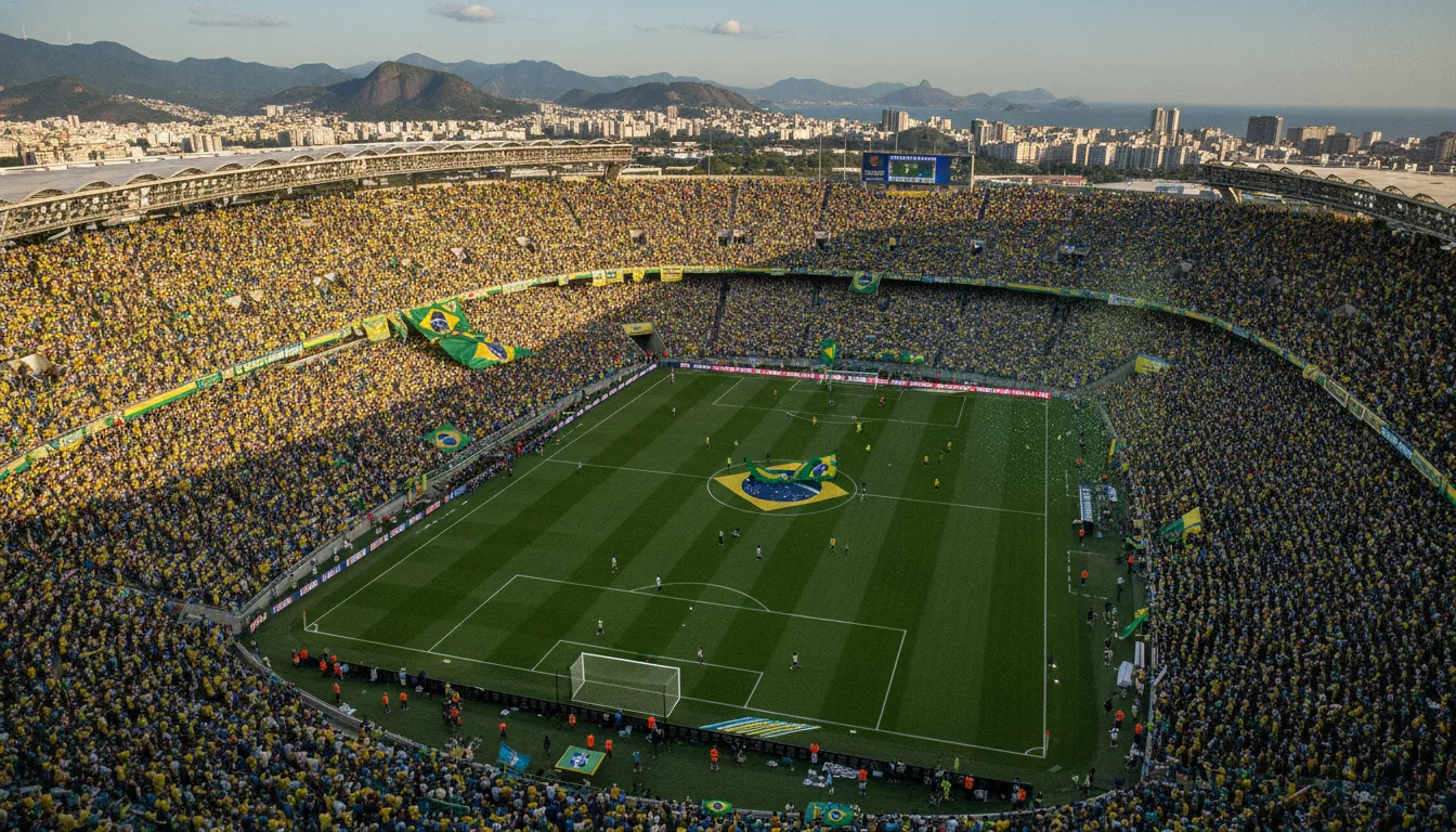 Estádio lotado com torcida e bandeiras do Brasil na Copa do Mundo 2026 | Imagine Company - Agência de Marketing e Vendas em Goiânia - GO - BRASIL
