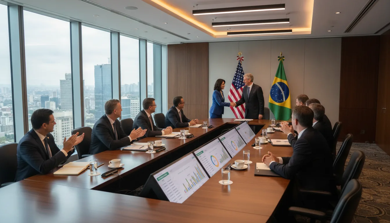 Executivos em reunião com bandeiras dos EUA e Brasil discutindo tarifas. | Imagine Company - Agência de Marketing e Vendas em Goiânia - GO - BRASIL