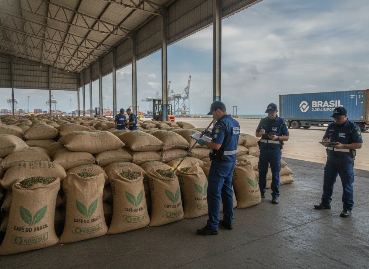 Autoridades inspecionando sacas de café no porto para exportação. | Imagine Company - Agência de Marketing e Vendas em Goiânia - GO - BRASIL