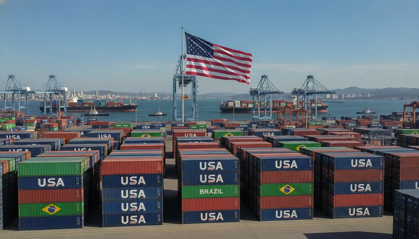 Contêineres com bandeiras dos EUA e Brasil em porto, gruas ao fundo | Imagine Company - Agência de Marketing e Vendas em Goiânia - GO - BRASIL