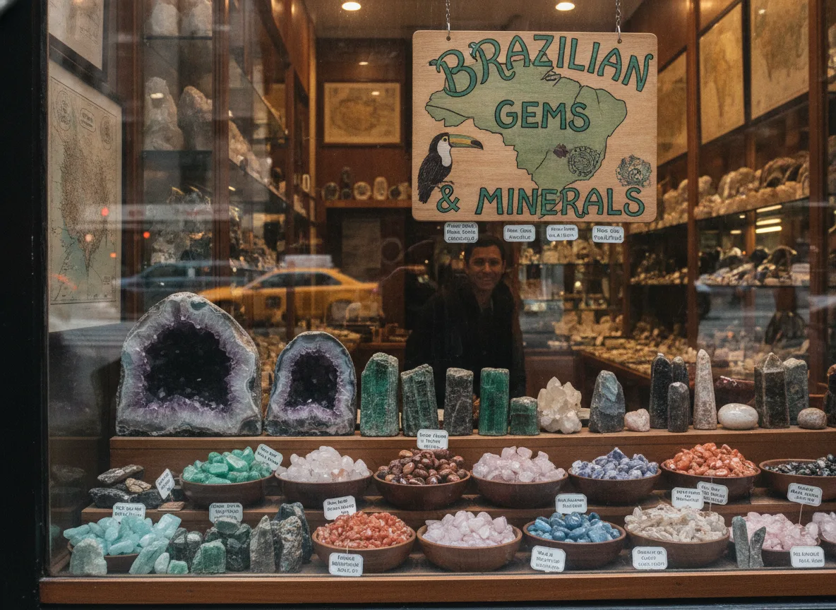 Vitrine de loja com minerais brasileiros e placa 'Brazilian Gems & Minerals' | Imagine Company - Agência de Marketing e Vendas em Goiânia - GO - BRASIL