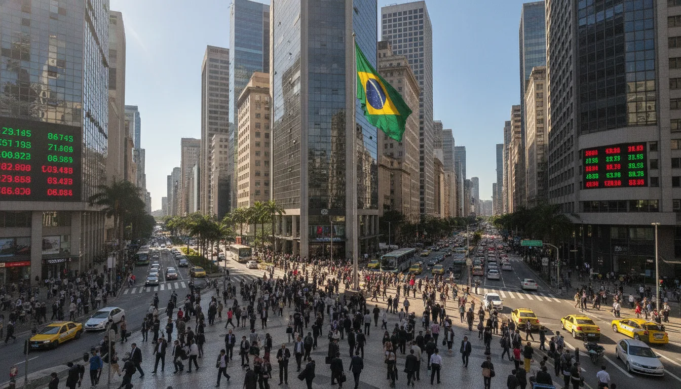 Cruzamento movimentado com bandeira do Brasil e prédios ao fundo | Imagine Company - Agência de Marketing e Vendas em Goiânia - GO - BRASIL