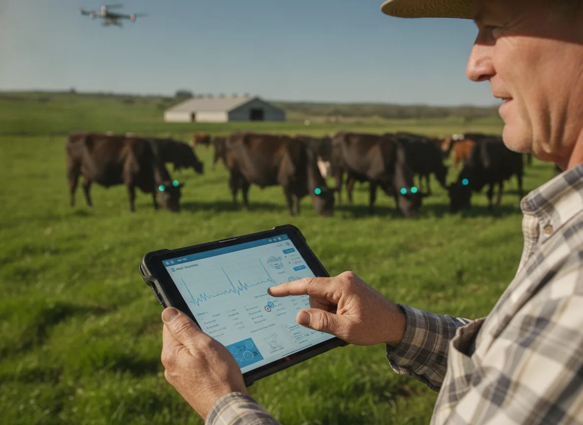 Fazendeiro usando tablet com IA em campo de gado no Brasil | Imagine Company - Agência de Marketing e Vendas em Goiânia - GO - BRASIL