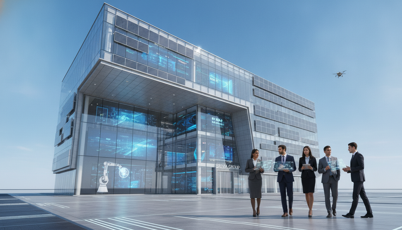 Edifício moderno com profissionais discutindo tecnologia na frente | Imagine Company - Agência de Marketing e Vendas em Goiânia - GO - BRASIL