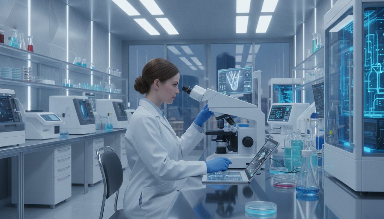 Cientista em laboratório analisando fios de cabelo sob microscópio | Imagine Company - Agência de Marketing e Vendas em Goiânia - GO - BRASIL