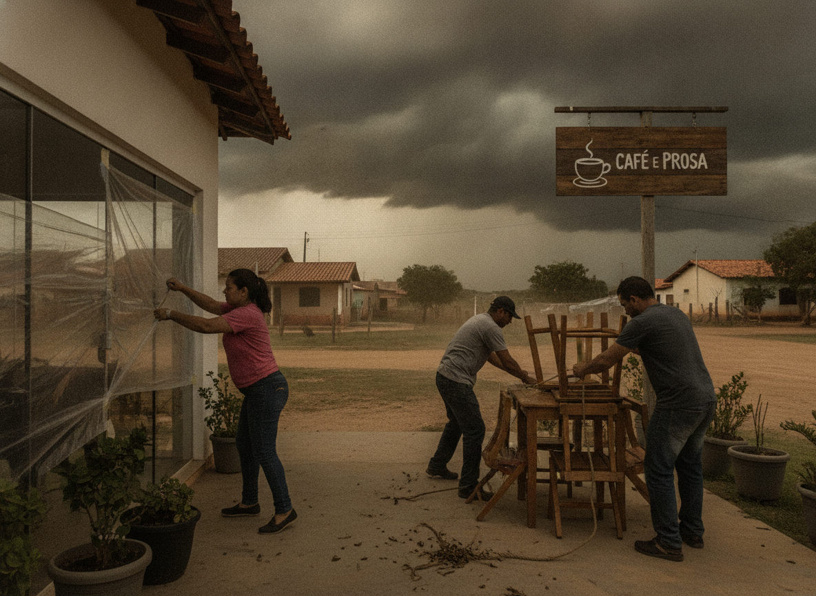 Pessoas protegendo um café antes de tempestade em Goiás | Imagine Company - Agência de Marketing e Vendas em Goiânia - GO - BRASIL