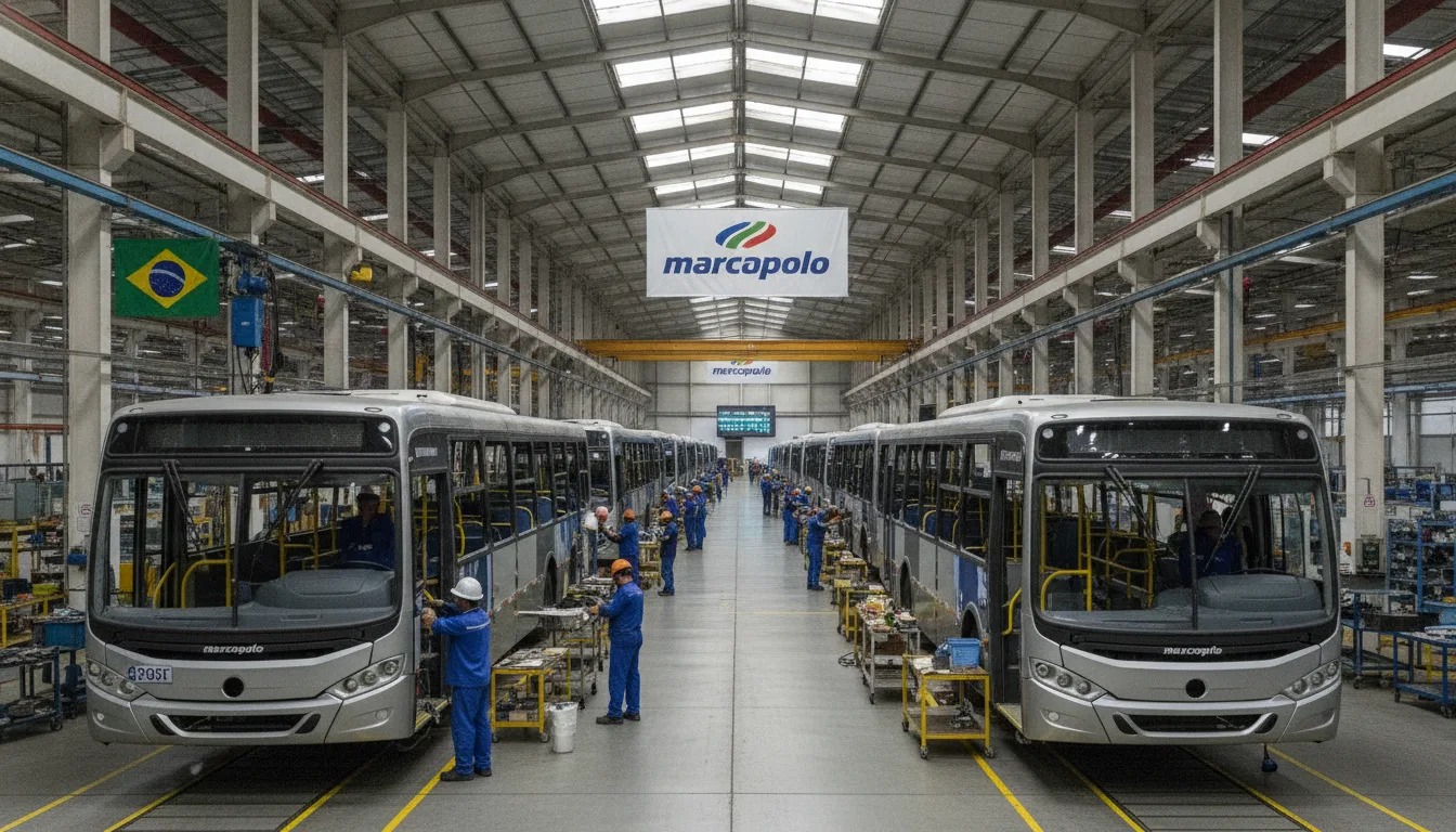 Fábrica da Marcopolo com ônibus em linha de montagem e trabalhadores | Imagine Company - Agência de Marketing e Vendas em Goiânia - GO - BRASIL