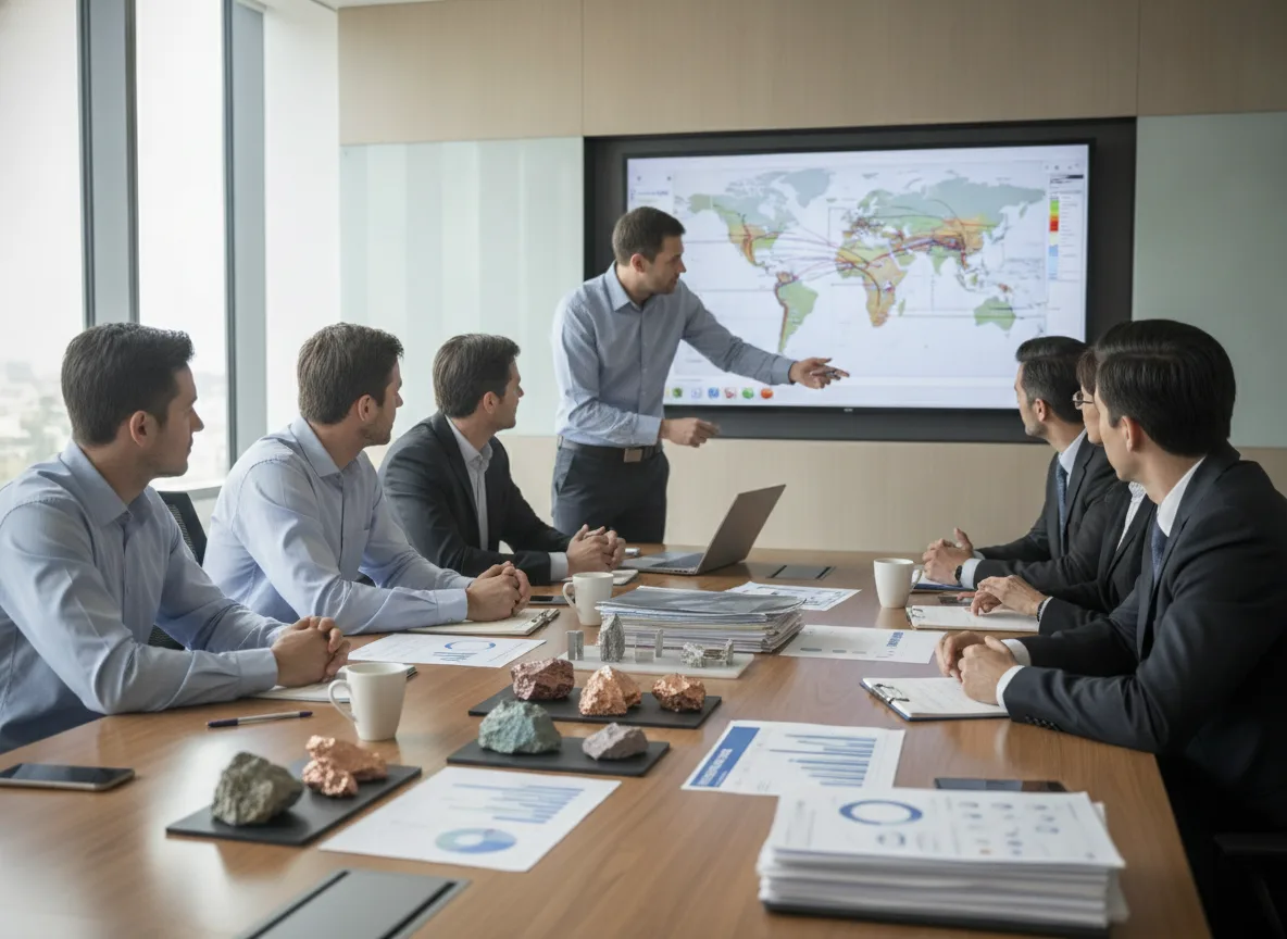 Executivos em reunião analisando mapa mundial de terras raras em sala de conferência | Imagine Company - Agência de Marketing e Vendas em Goiânia - GO - BRASIL