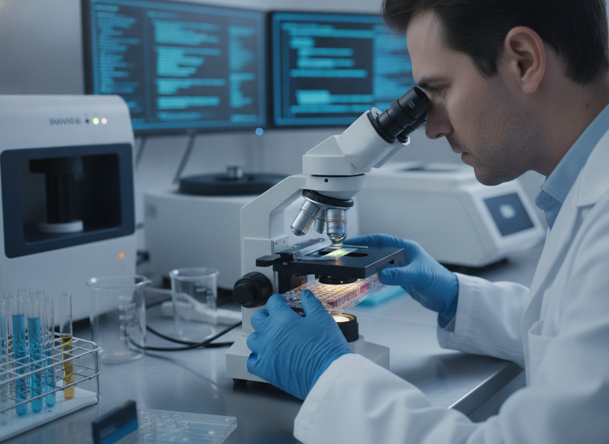 Cientista usando microscópio em laboratório para teste genético do câncer de mama | Imagine Company - Agência de Marketing e Vendas em Goiânia - GO - BRASIL