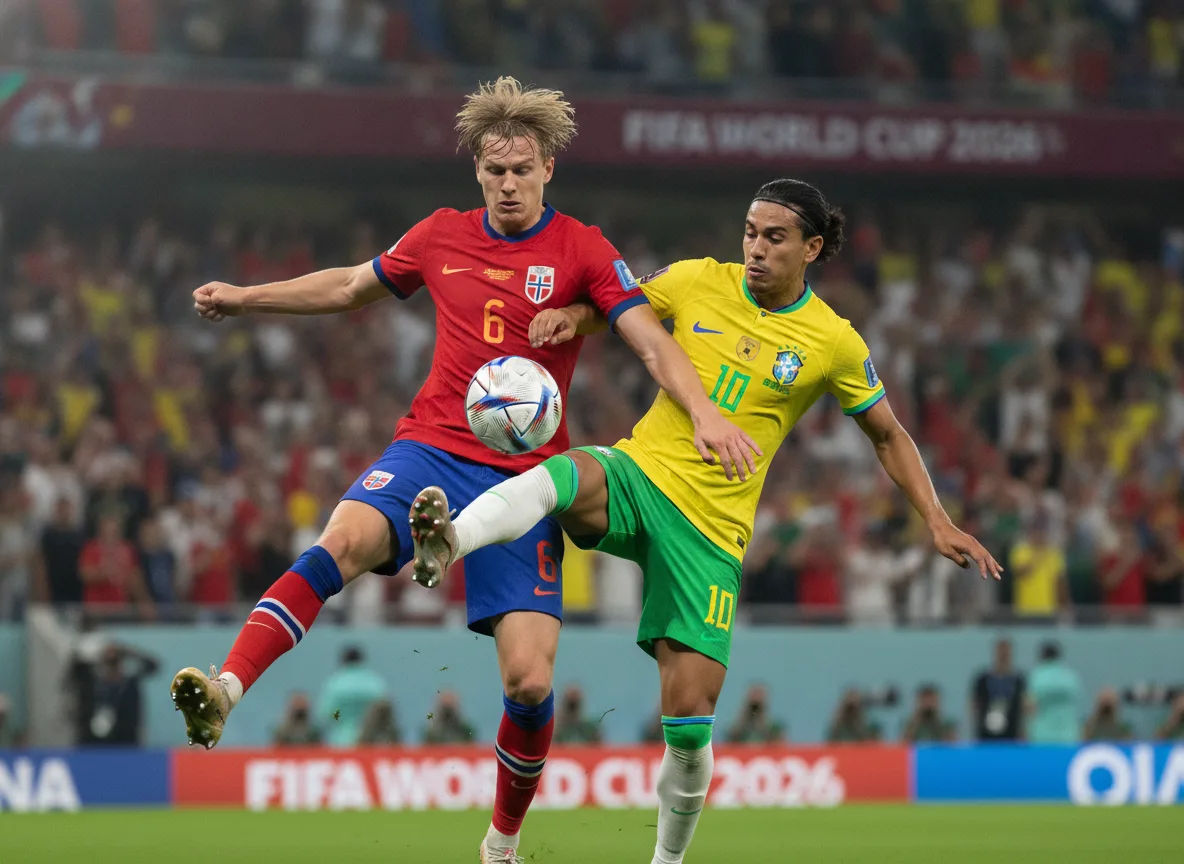 Jogador da Noruega e do Brasil competem por bola em jogo da Copa | Imagine Company - Agência de Marketing e Vendas em Goiânia - GO - BRASIL