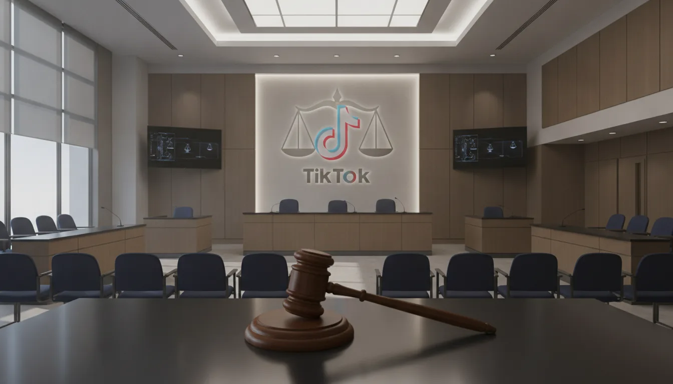 Interior de tribunal com logo do TikTok e martelo de juiz | Imagine Company - Agência de Marketing e Vendas em Goiânia - GO - BRASIL